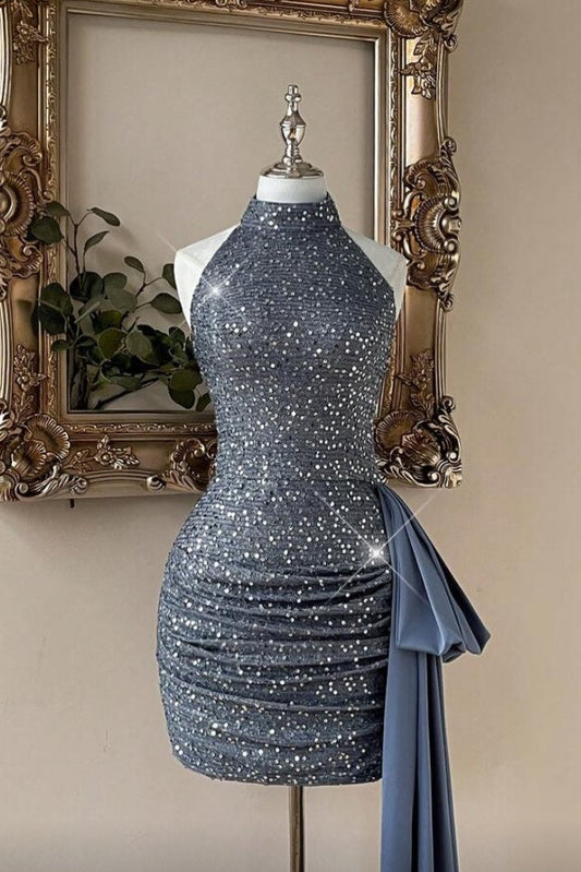 Ruched Sequin Halter Mini Dress with Satin Drape