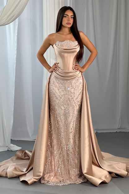 Corset Evening Gown with Embellished Skirt & Train