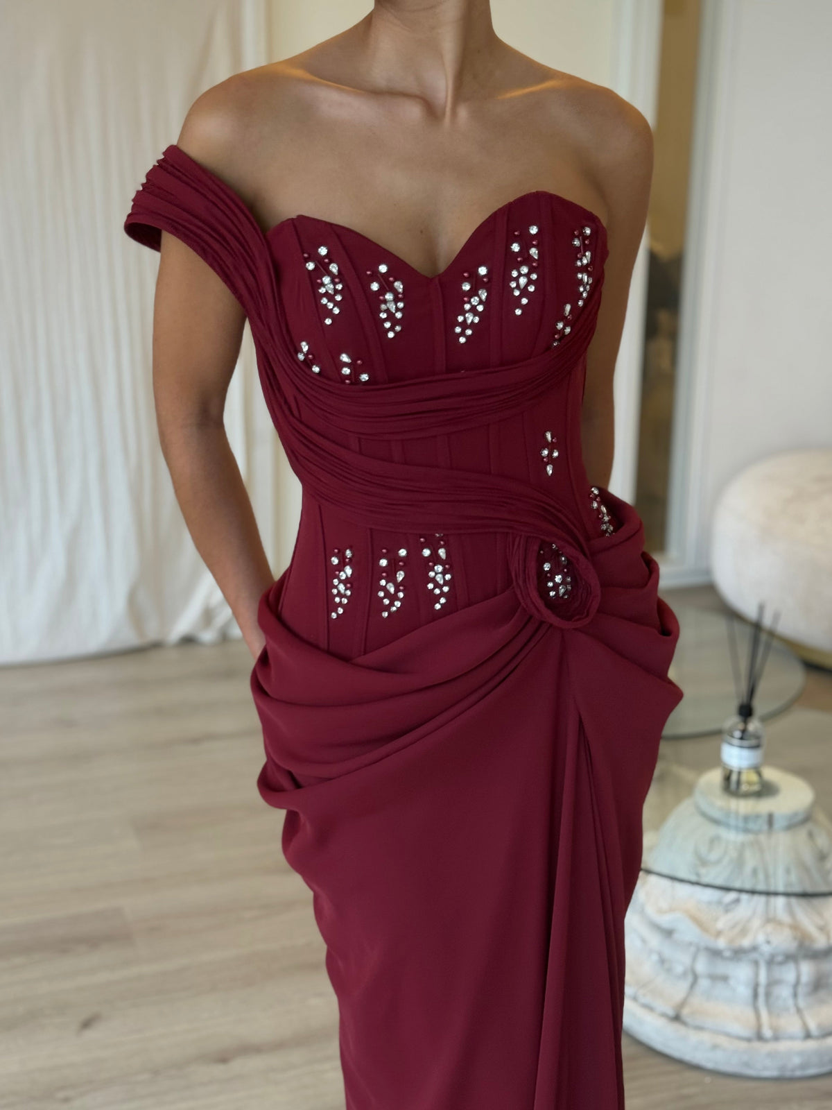 One-Shoulder Beaded Corset Draped Evening Gown