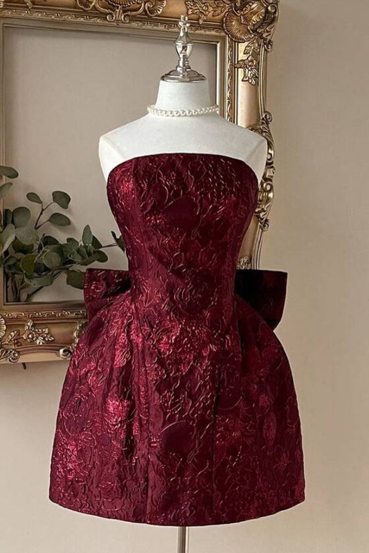 Strapless Lace-Up Jacquard Mini Dress with Bow