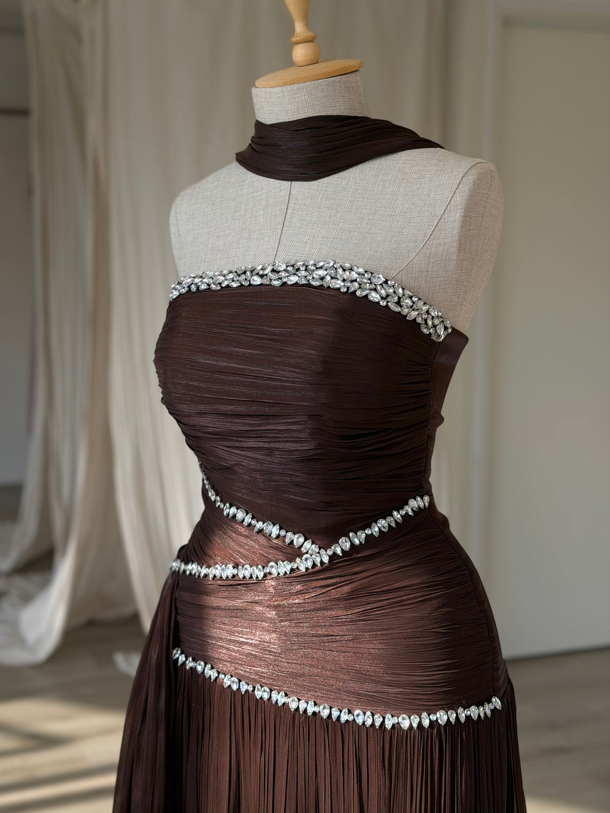 Ruched Column Gown with Draped Cape and Crystal Trim