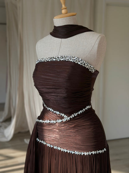 Ruched Column Gown with Draped Cape and Crystal Trim