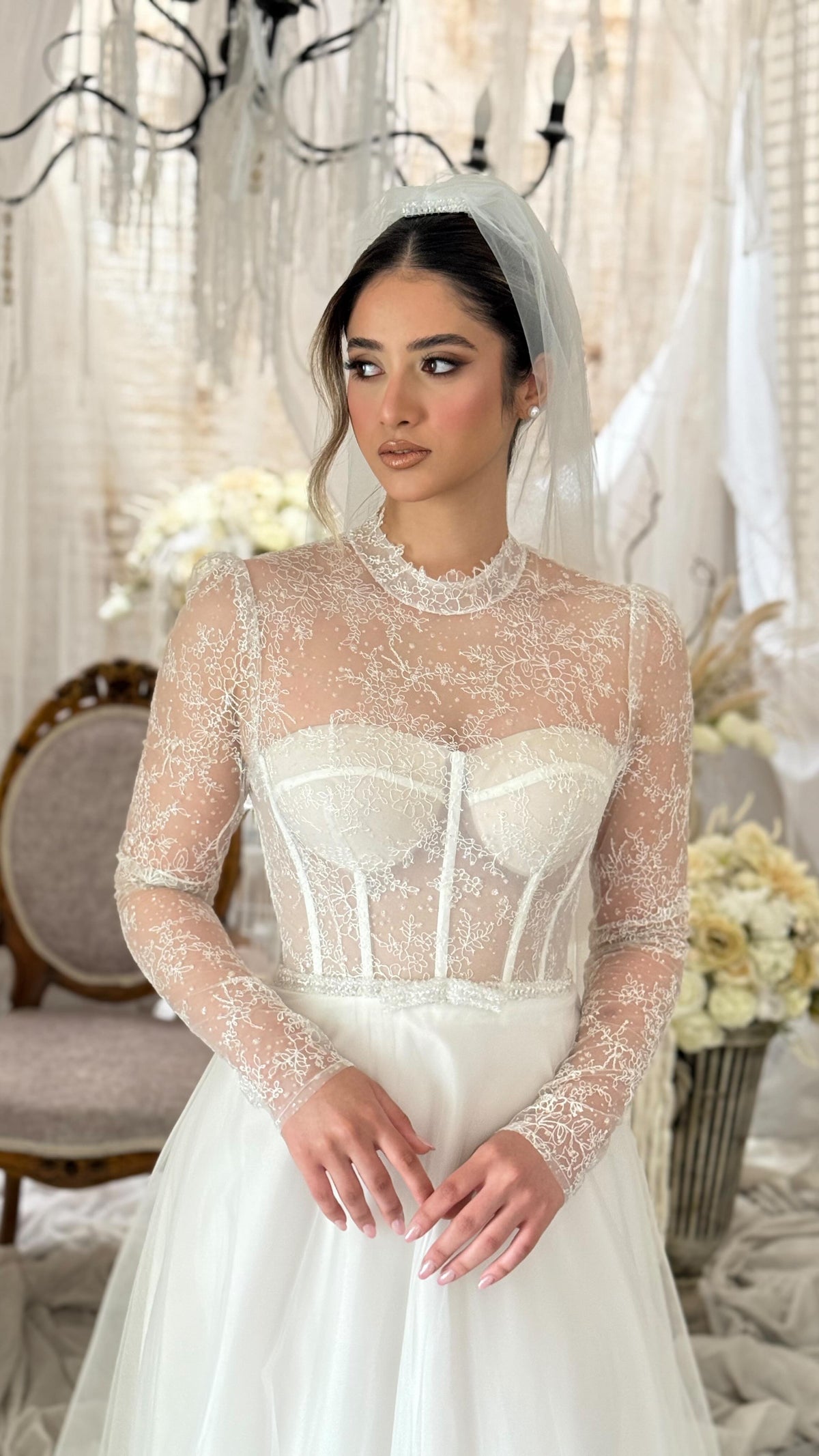 Corset Lace Wedding Dress with Long Sleeves