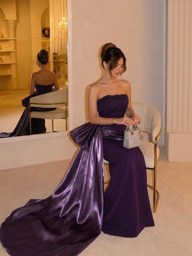 Strapless Side-Draped Evening Gown with Beaded Bodice