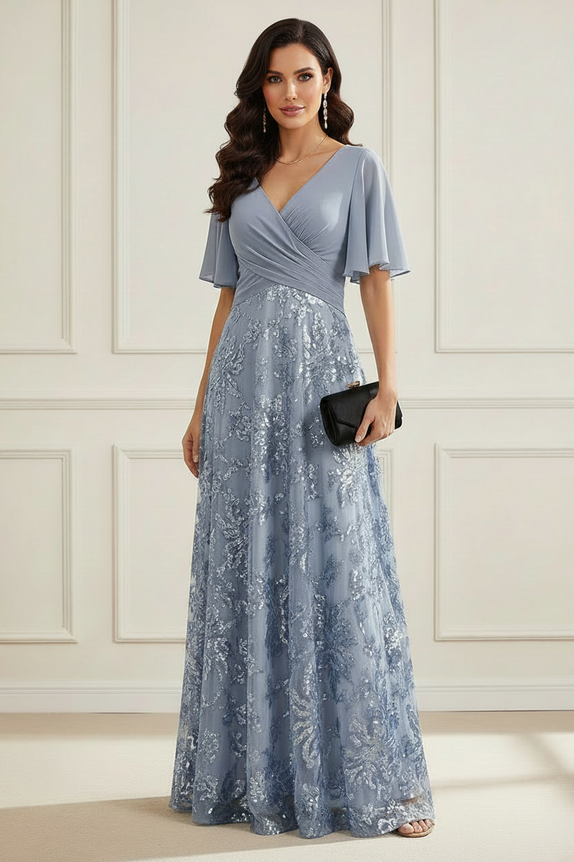 V-Neck Flutter Sleeve A-Line Gown with Sequin Skirt