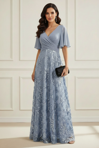 V-Neck Flutter Sleeve A-Line Gown with Sequin Skirt