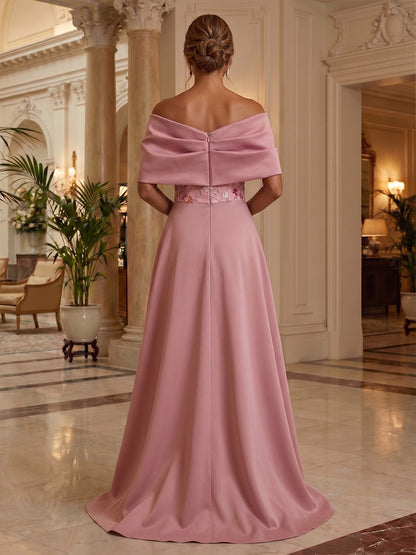 Off-Shoulder Floral Embroidered Gown with Overskirt