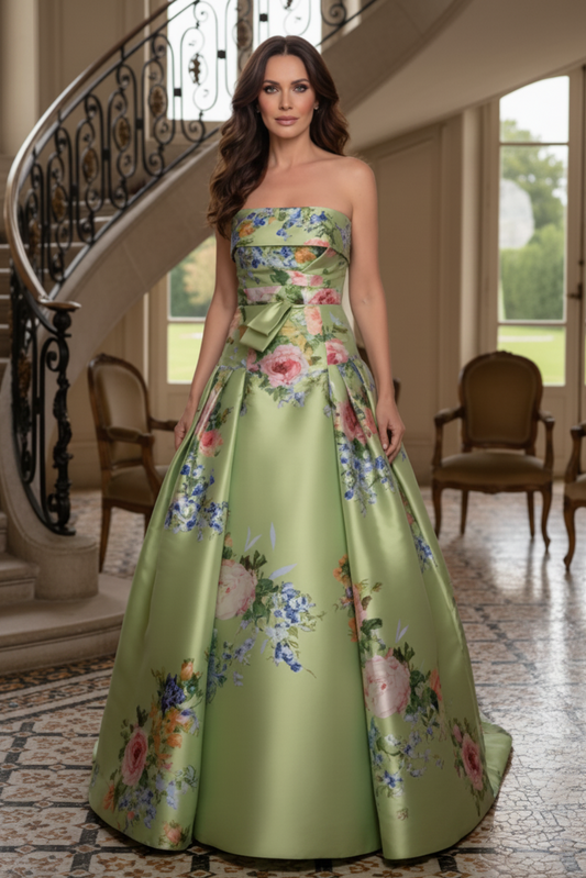 Strapless Floral Print Satin Ball Gown
