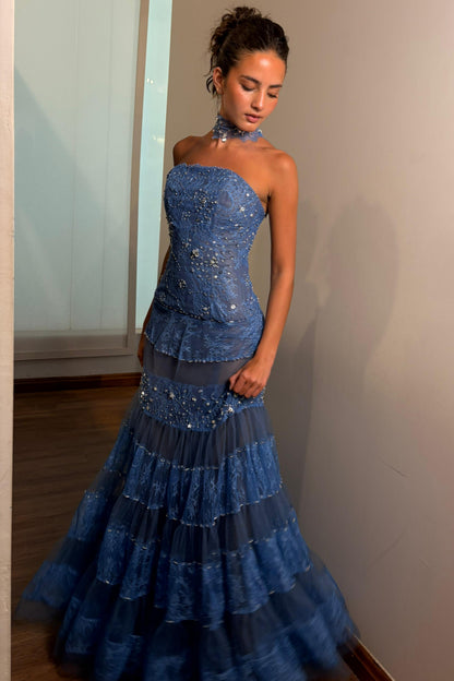 Embellished Lace Tiered Evening Gown