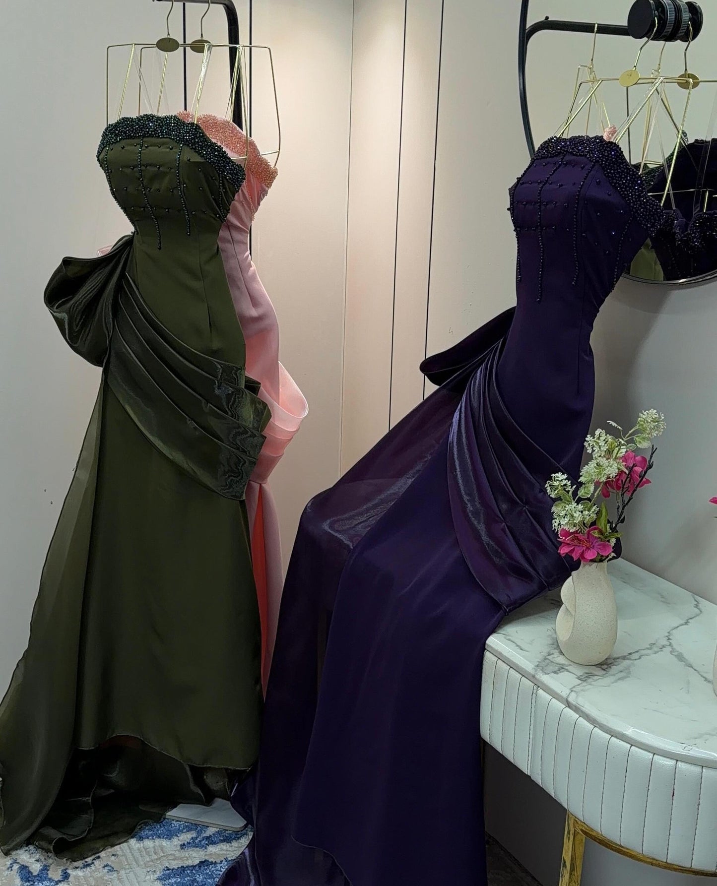 Strapless Beaded Satin Mermaid Gown with Draping
