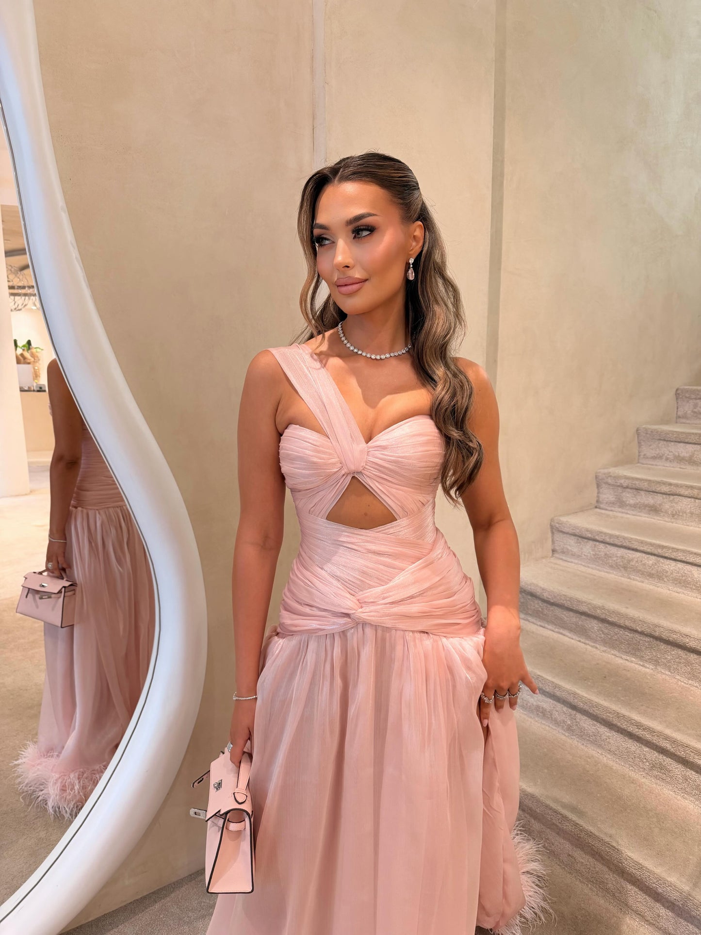 One-Shoulder Cutout Evening Gown with Feather Hem
