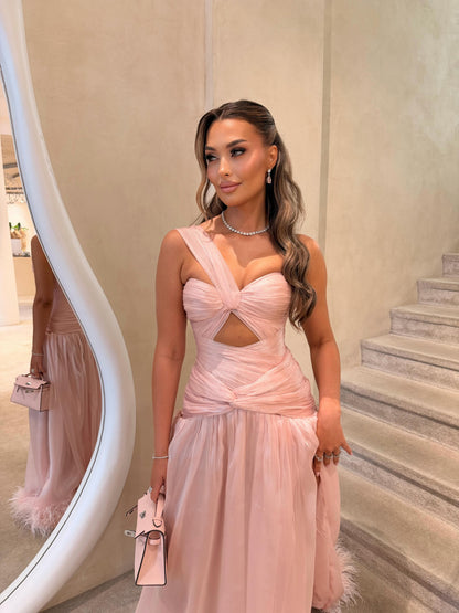 One-Shoulder Cutout Evening Gown with Feather Hem