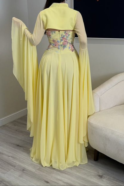 Embroidered Corset Gown with Bell Sleeve Shrug