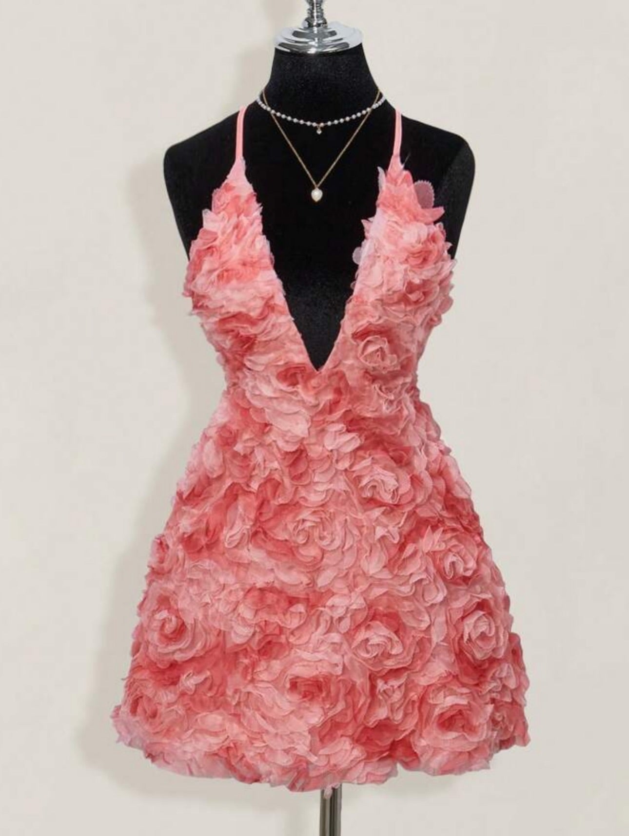 3D Rosette Deep V-Neck Mini Dress