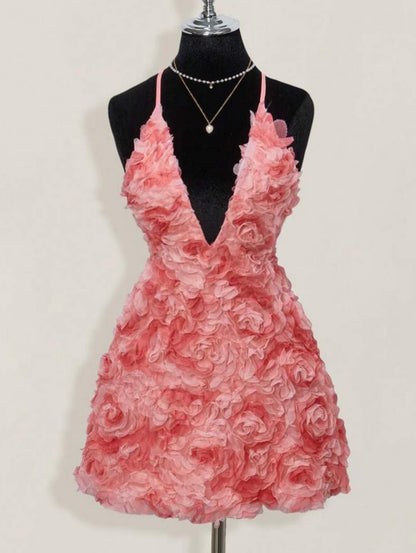 3D Rosette Deep V-Neck Mini Dress
