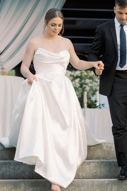 Strapless Satin A-Line Wedding Dress with Bow Train