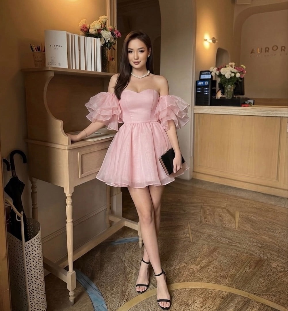 Off-the-Shoulder Sweetheart Ruffled Organza Mini Dress