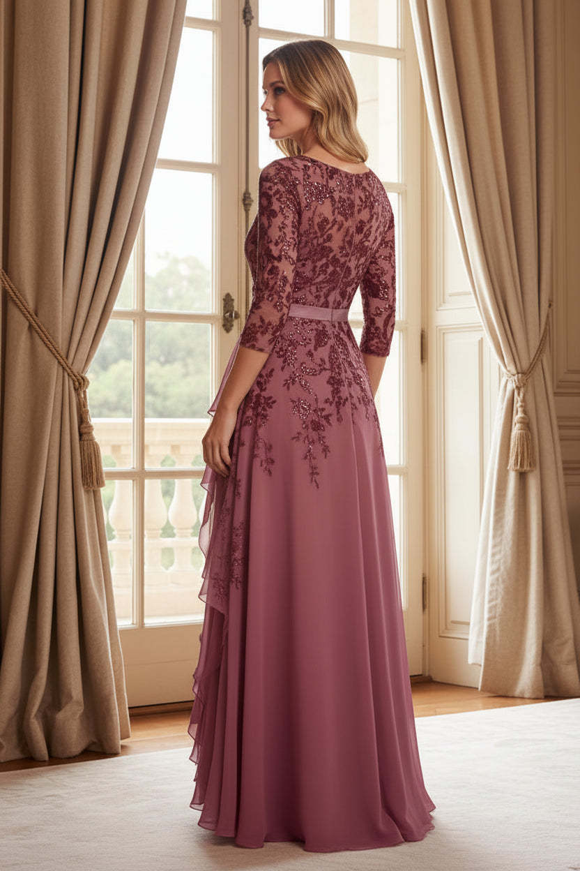 Embroidered Sequin V-Neck Gown with Cascading Ruffles