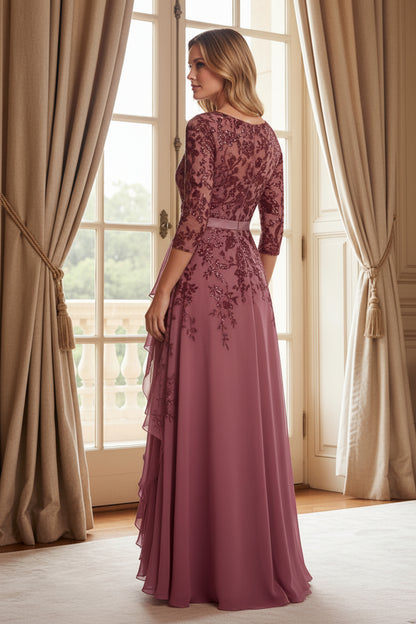Embroidered Sequin V-Neck Gown with Cascading Ruffles
