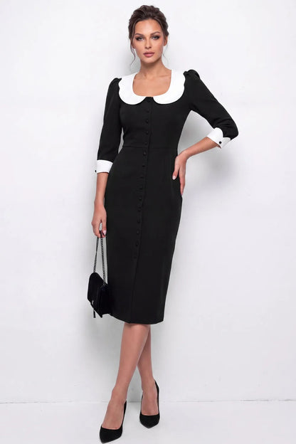 Contrast Collar Button-Front Midi Sheath Dress