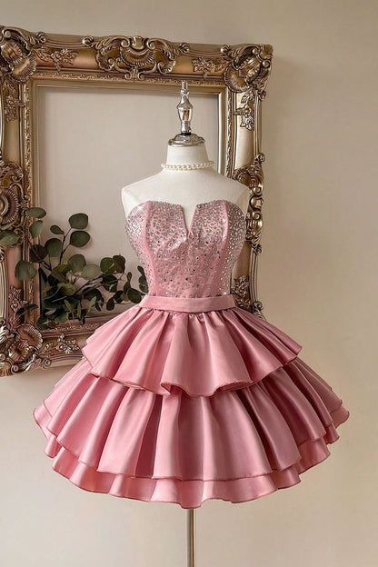 Strapless Crystal Beaded Tiered Satin Mini Dress