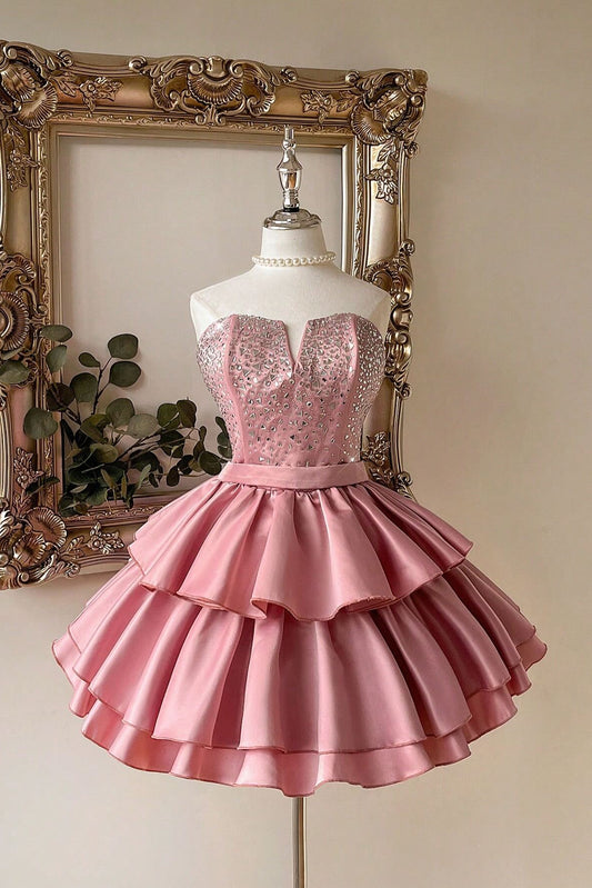 Strapless Crystal Beaded Tiered Satin Mini Dress