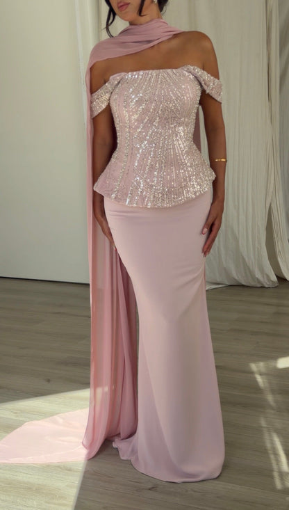 Sequined Peplum Evening Gown with Chiffon Cape