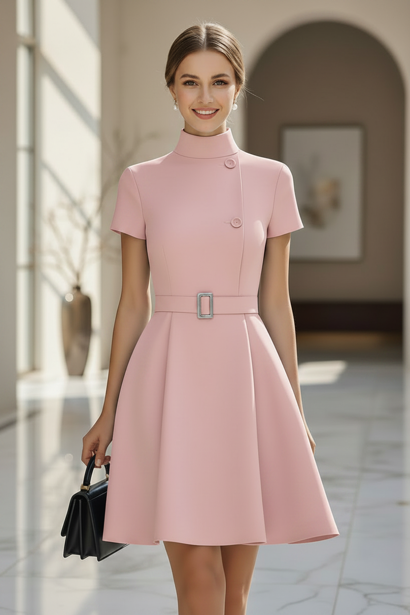 Mock Neck Belted A-Line Mini Dress with Buttons