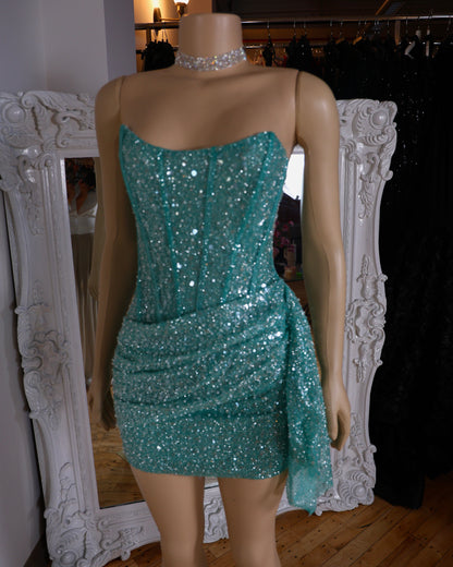 Strapless Corset Sequin Mini Dress with Asymmetrical Drape