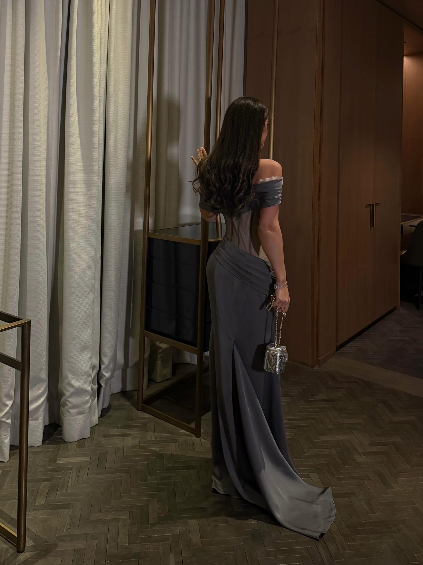 Off-the-Shoulder Beaded Corset Satin Evening Gown