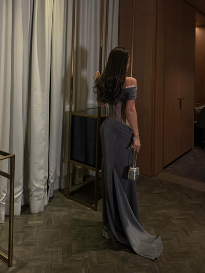 Off-the-Shoulder Beaded Corset Satin Evening Gown