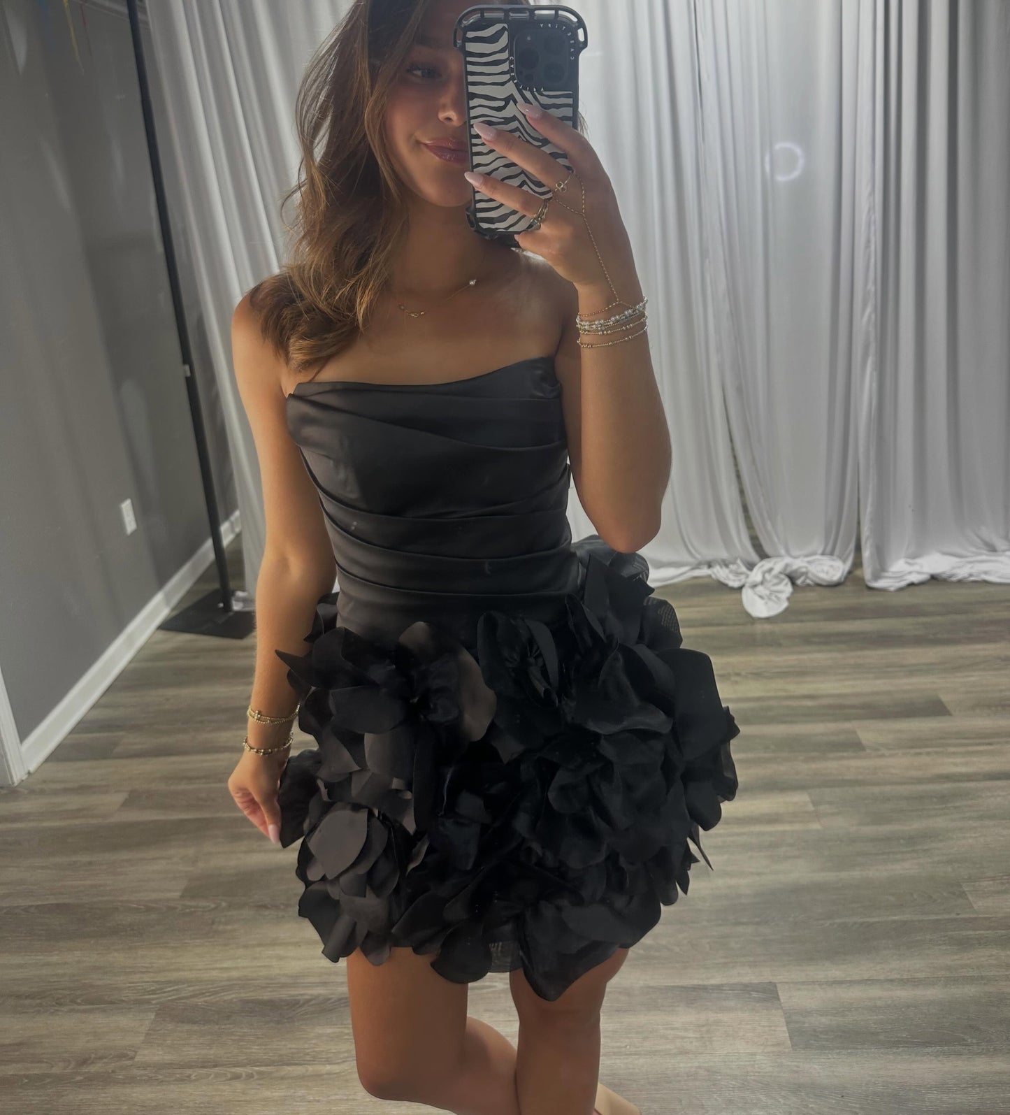 Strapless Ruched Satin Mini Dress with 3D Floral Skirt