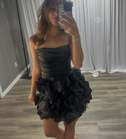 Strapless Ruched Satin Mini Dress with 3D Floral Skirt