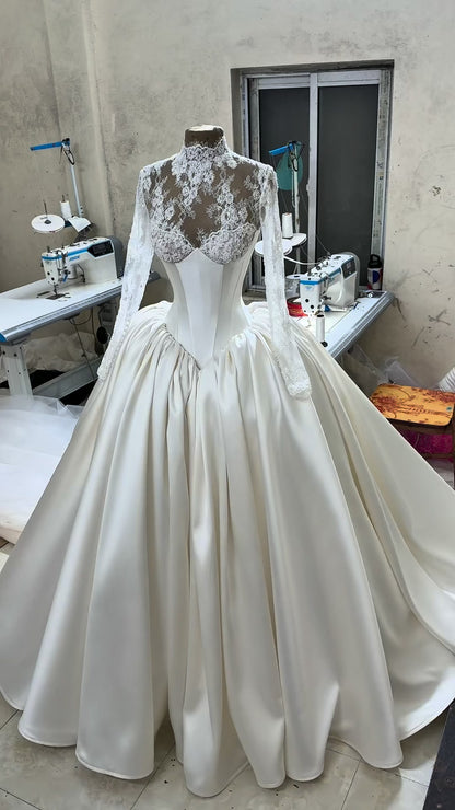 Lace High Neck Corset Ball Gown Wedding Dress