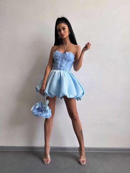 Strapless Rosette Corset Bubble Mini Dress