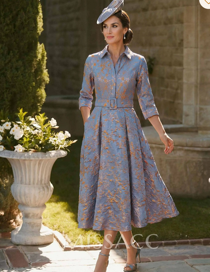 Elegant Jacquard A-Line Midi Dress with Belt