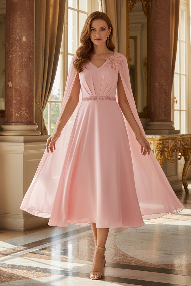 A-Line Midi Dress with Flowing Cape & Beaded Waist