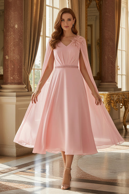 A-Line Midi Dress with Flowing Cape & Beaded Waist
