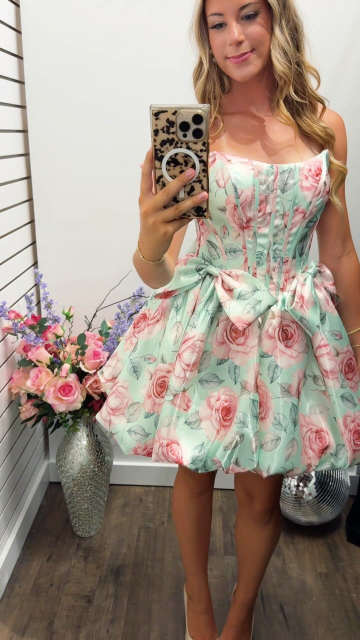 Floral Corset Bubble Hem Mini Dress with Bow