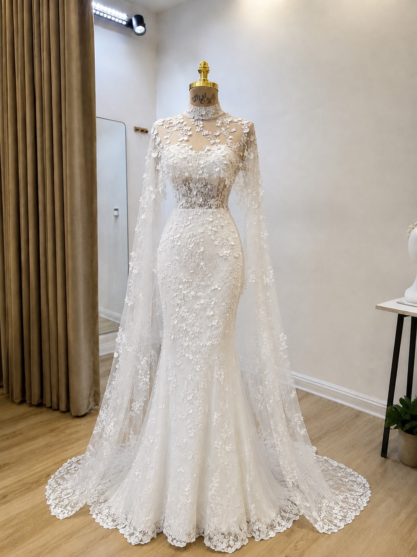 Lace Mermaid Wedding Dress with Sheer Cape