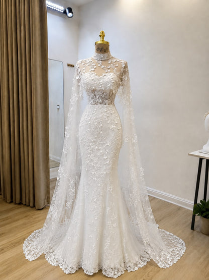 Lace Mermaid Wedding Dress with Sheer Cape