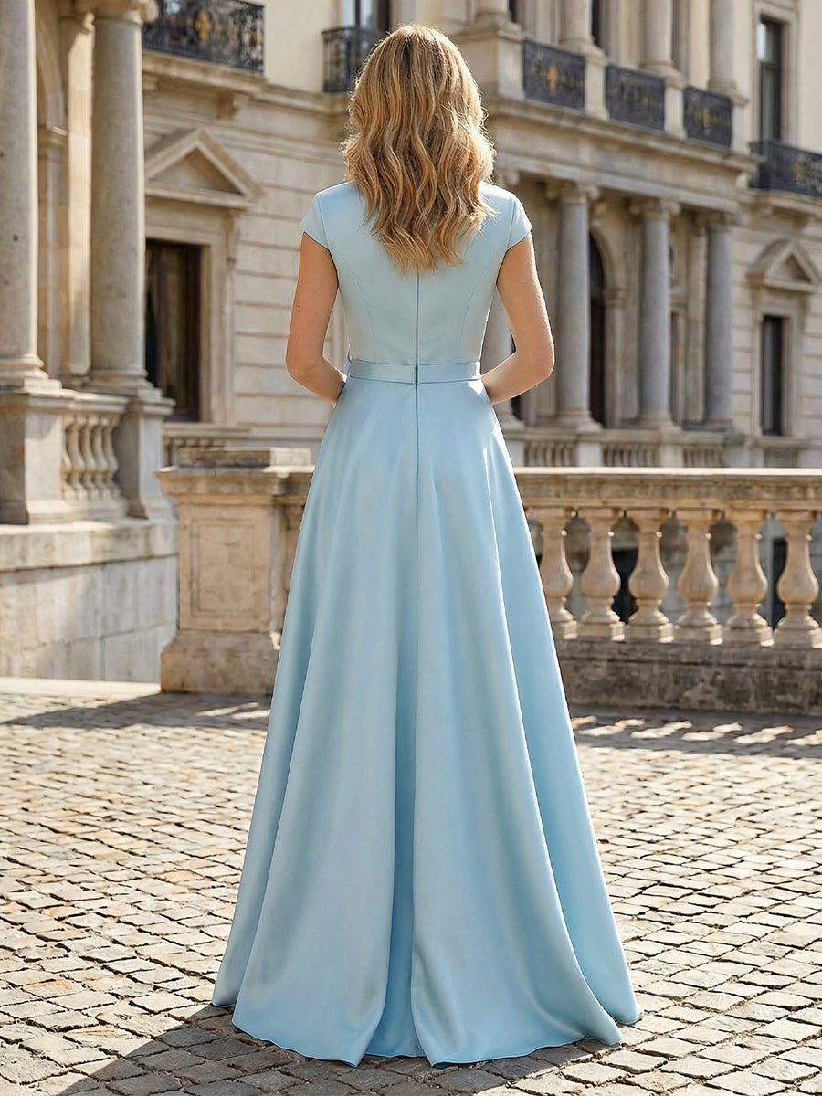 Cap Sleeve Satin Gown with Embroidered Underskirt