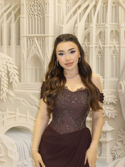 Beaded Corset Evening Gown with Slit