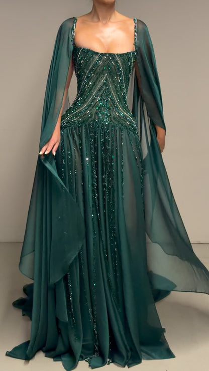 Beaded Corset Evening Gown with Cape