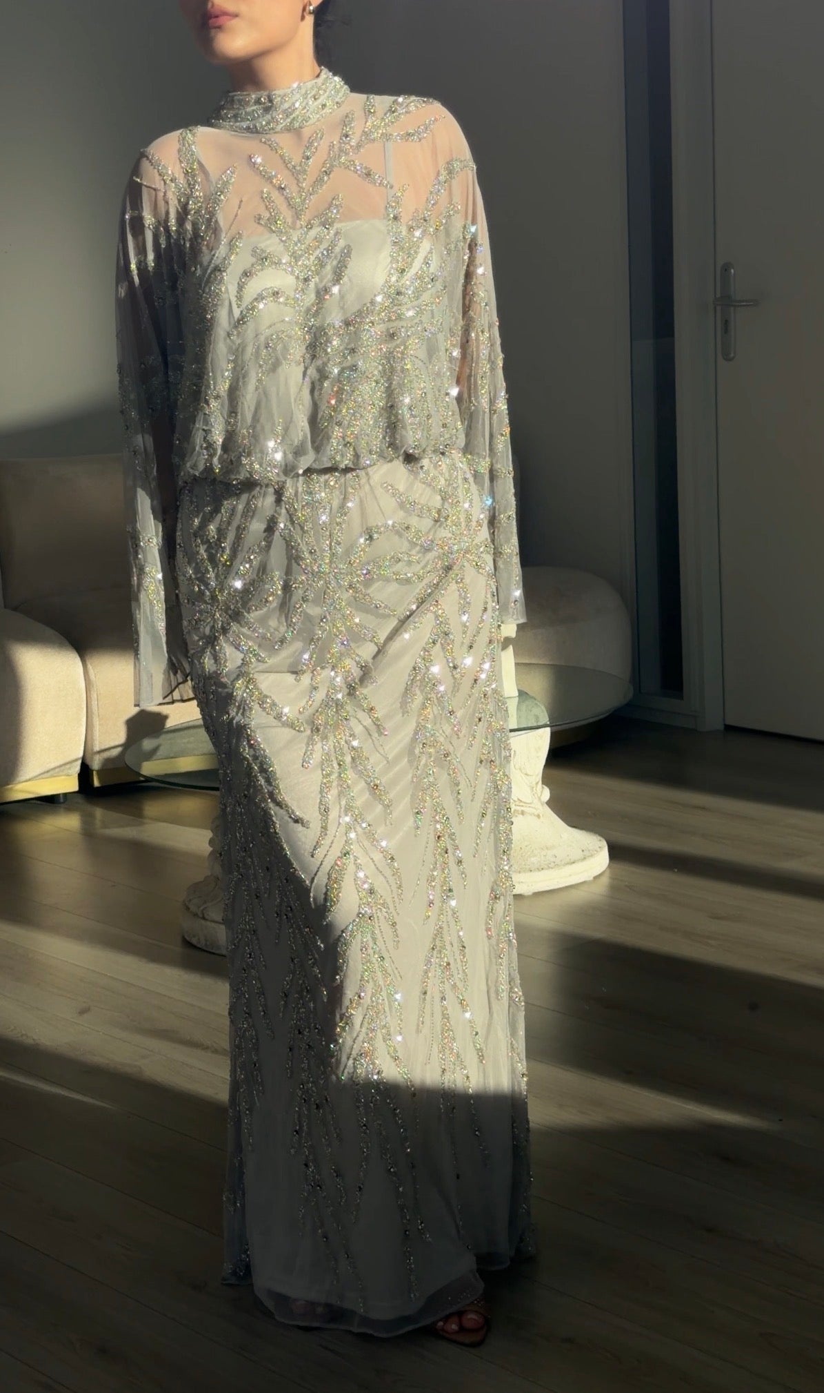 Sequined Cape Sleeve High Neck Maxi Evening Gown