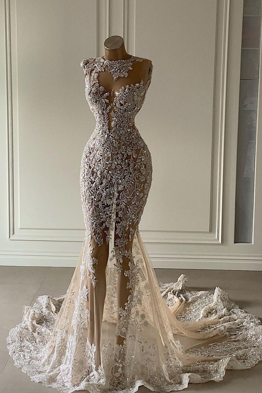 Beaded Lace Mermaid Wedding Dress with Train
