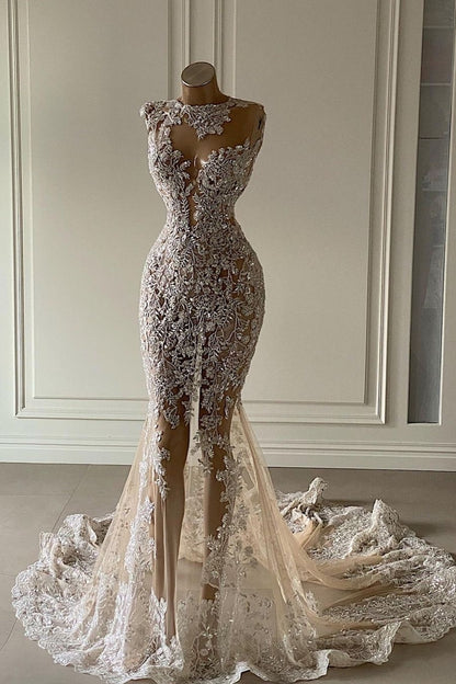 Beaded Lace Mermaid Wedding Dress with Train
