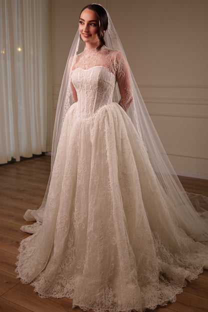 Lace High Neck Corset Ball Gown Wedding Dress
