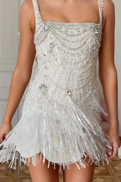 Pearl and Crystal Embellished Fringe Mini Dress