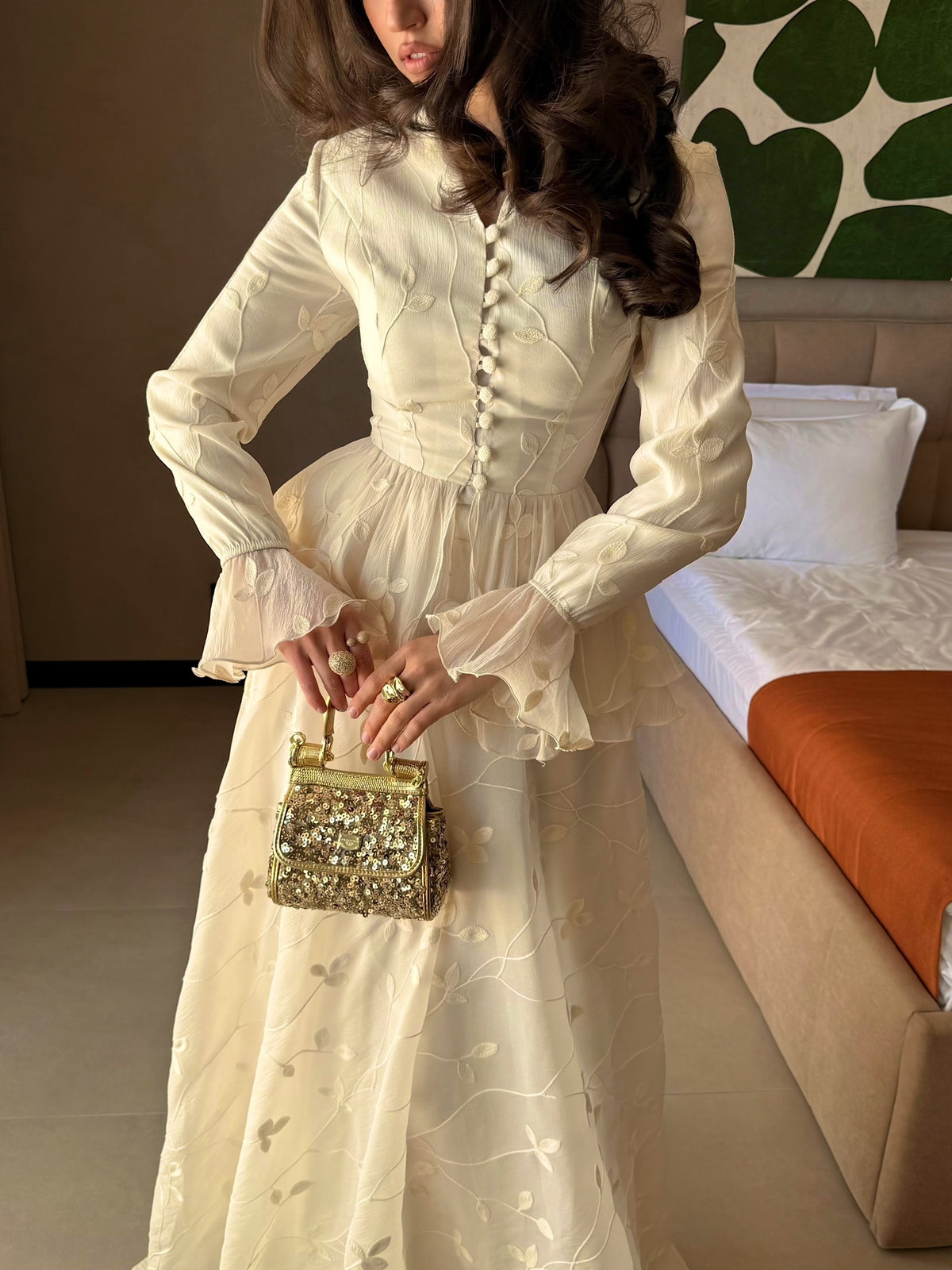 Embroidered Peplum Maxi Dress with Flared Sleeves